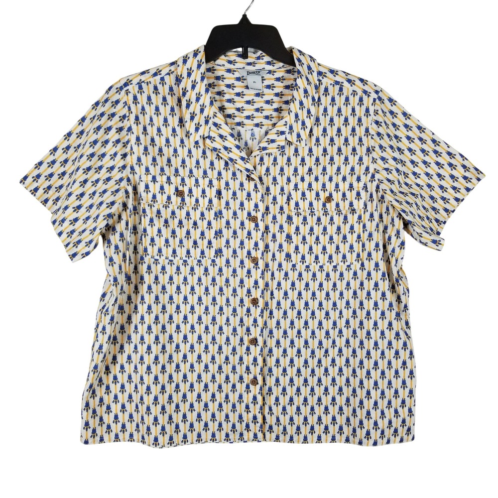 Duluth Trading Co Button Down Shirt Women XL White Blue Yellow Hemp Cotton Ikat